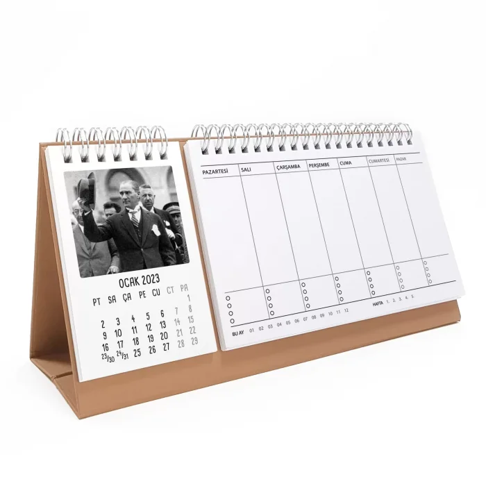 2026 Atatürk Takvimi Haftalık Planlayıcı Masa Takvimi Kahverengi