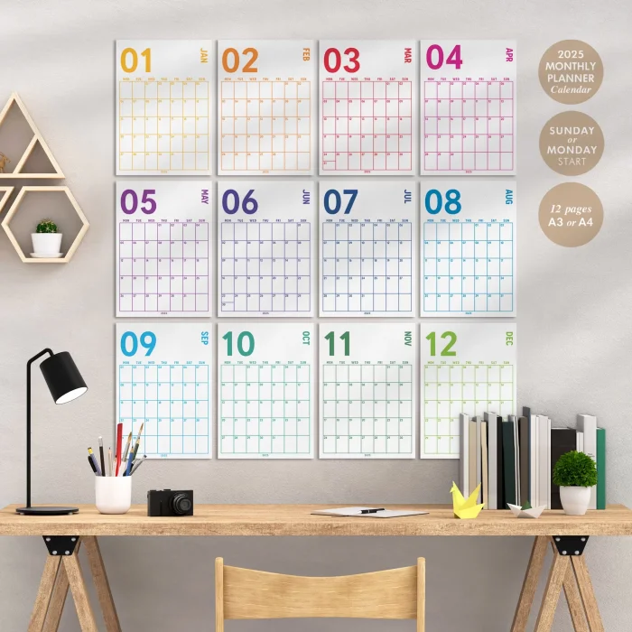 2026 Aylık Planlayıcı Duvar Takvimi, 33X48 cm & A4 Poster Takvim, Organizer Takvim, Gökkuşağı Renkleri