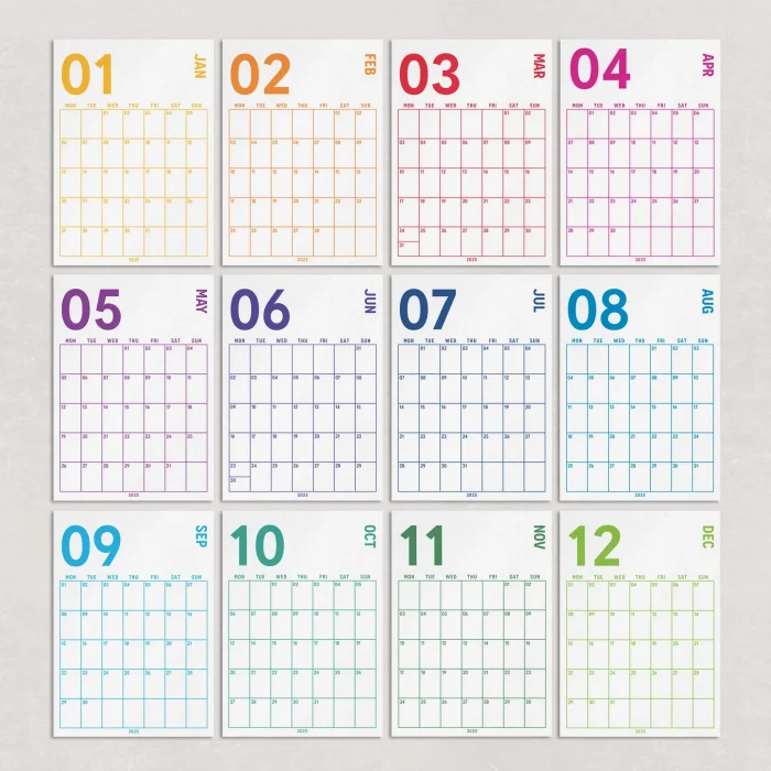 2026 Aylık Planlayıcı Duvar Takvimi, 33X48 cm & A4 Spiralli Takvim, Organizer Takvim, Gökkuşağı Renkleri