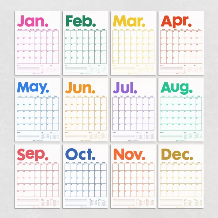 2026 Aylık Planlayıcı Duvar Takvimi, Önceki ve Sonraki Ay Takvim, 33X48 cm & A4 Spiralli Takvim, Canlı Gökkuşağı Renkleri