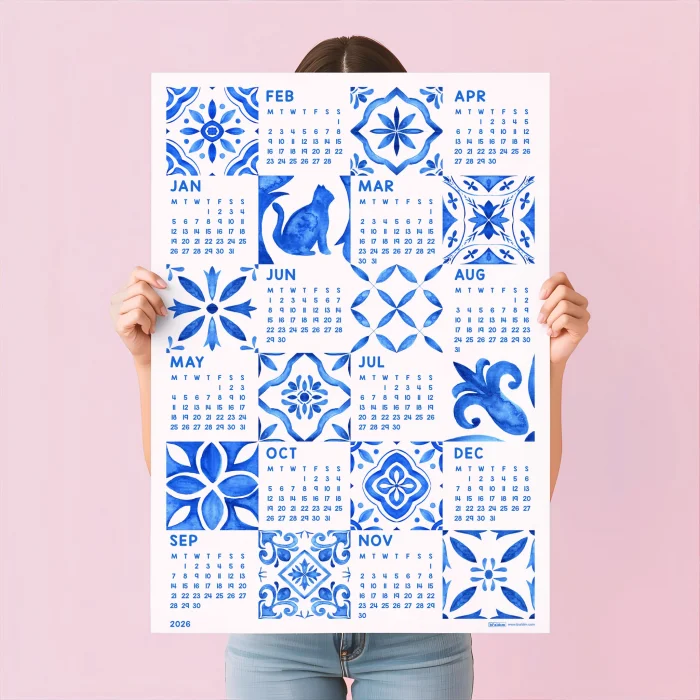 2026 Azulejo Duvar Takvimi – Portekiz Mavi Karo Sanatı | Suluboya Akdeniz Desenleri