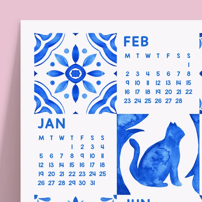 2026 Azulejo Duvar Takvimi – Portekiz Mavi Karo Sanatı | Suluboya Akdeniz Desenleri