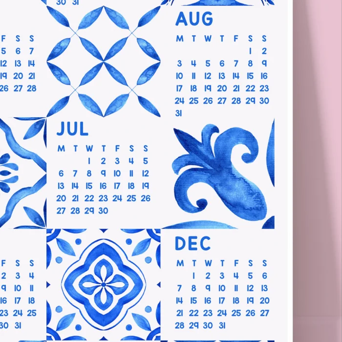 2026 Azulejo Duvar Takvimi – Portekiz Mavi Karo Sanatı | Suluboya Akdeniz Desenleri