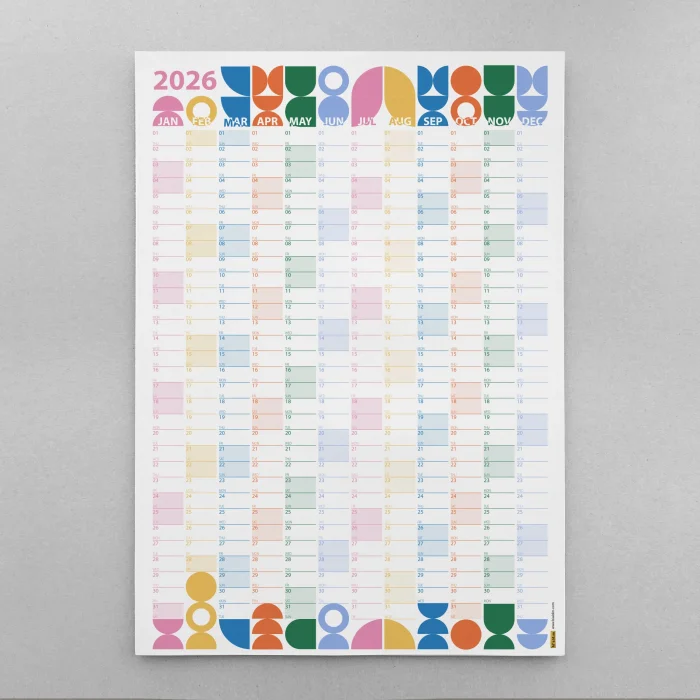 2026 Bauhaus Duvar Takvimi | Modern Renkli Minimal Yıllık Planlayıcı