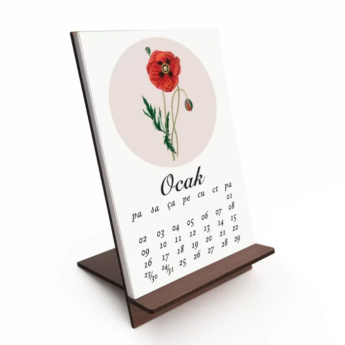 2026 Çiçekli Takvim, Ahşap Takvim, Çiçek Resimli Masa Takvimi, 2026 Takvim