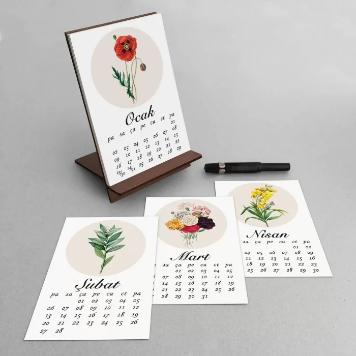2026 Çiçekli Takvim, Ahşap Takvim, Çiçek Resimli Masa Takvimi, 2026 Takvim