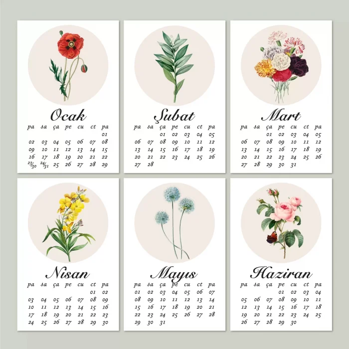 2026 Çiçekli Takvim, Ahşap Takvim, Çiçek Resimli Masa Takvimi, 2026 Takvim