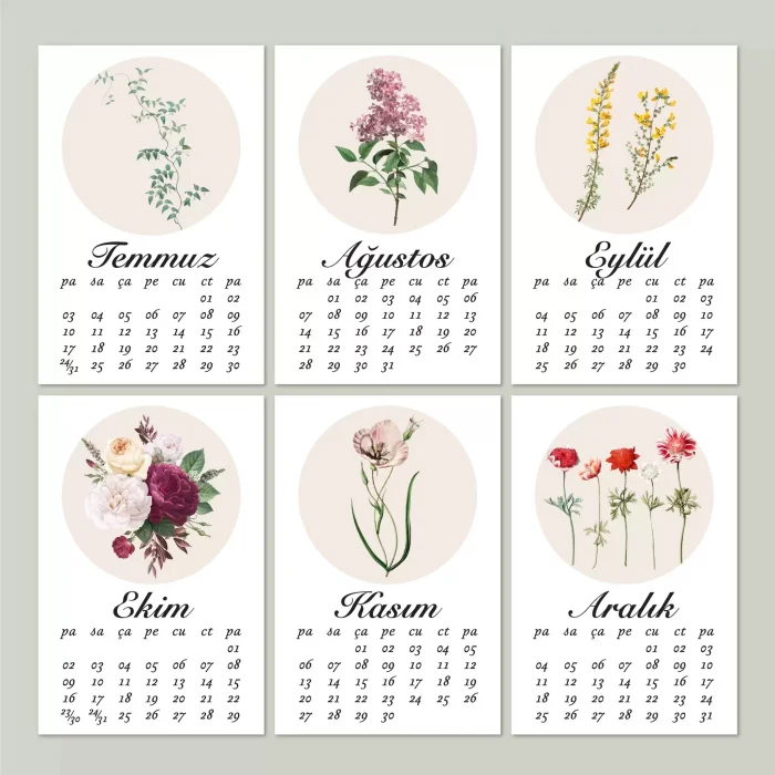 2026 Çiçekli Takvim, Ahşap Takvim, Çiçek Resimli Masa Takvimi, 2026 Takvim
