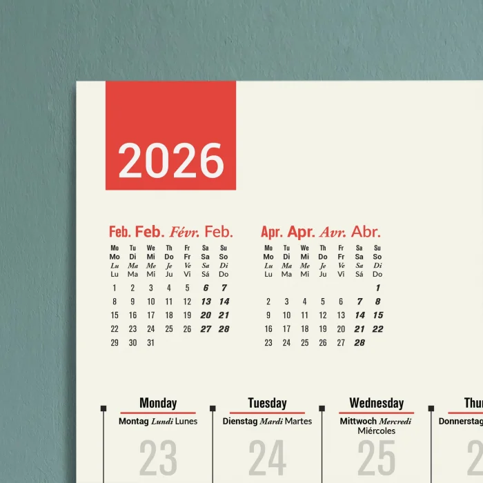 2026 Çok Dilli Takvim, Dil Öğrenme Aylık Planlayıcı Takvimi, İngilizce, Almanca, Fransızca, İspanyolca Takvim, Eğitici Takvim, Önceki ve Sonraki Ay Takvim, 33x65 cm (13x25.5 inç)