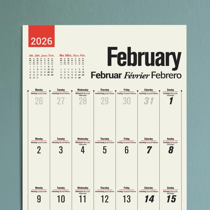 2026 Çok Dilli Takvim, Dil Öğrenme Aylık Planlayıcı Takvimi, İngilizce, Almanca, Fransızca, İspanyolca Takvim, Eğitici Takvim, Önceki ve Sonraki Ay Takvim, 33x65 cm (13x25.5 inç)