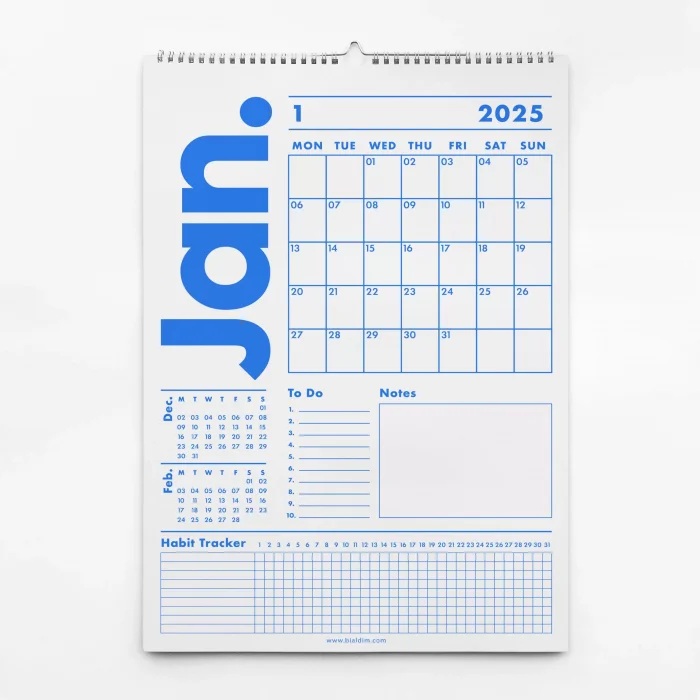 2026 Duvar Takvimi, 33X48 cm, A4, Spiralli Takvim, Önceki ve Sonraki Ay Takvim, Aylık Planlayıcı Takvim, Trend Mavi