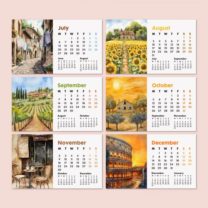 2026 İtalya Masa Takvimi – Önceki ve Sonraki Ay Görünümlü Renkli İllüstrasyon Takvim | Amalfi, Toskana, Roma, Venedik Temalı