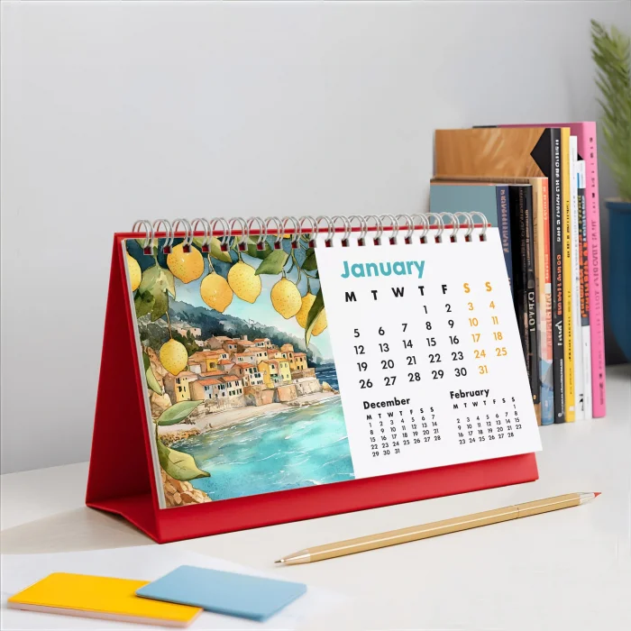 2026 İtalya Masa Takvimi – Önceki ve Sonraki Ay Görünümlü Renkli İllüstrasyon Takvim | Amalfi, Toskana, Roma, Venedik Temalı