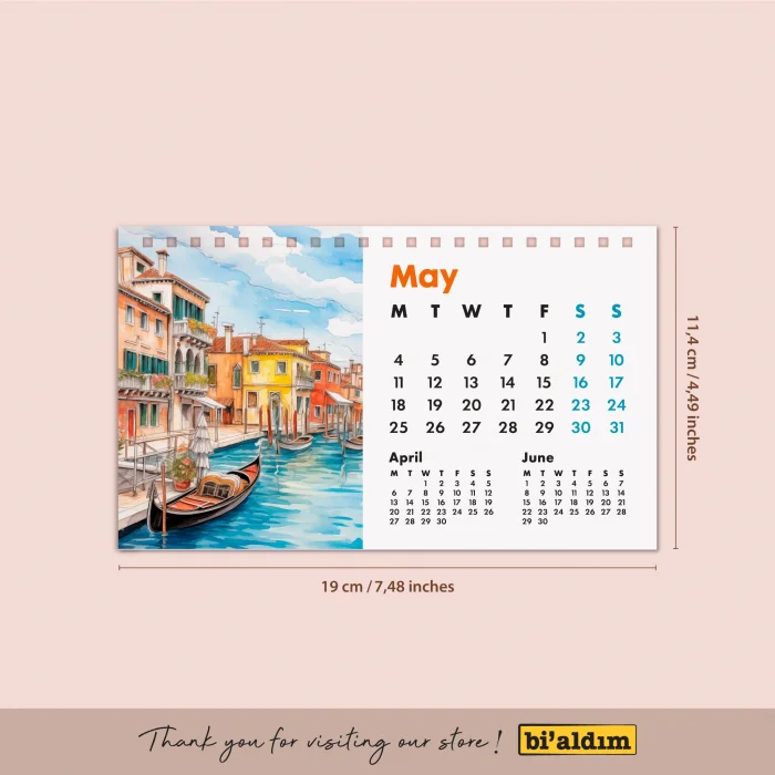 2026 İtalya Masa Takvimi – Önceki ve Sonraki Ay Görünümlü Renkli İllüstrasyon Takvim | Amalfi, Toskana, Roma, Venedik Temalı