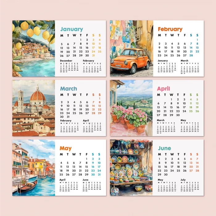 2026 İtalya Masa Takvimi – Önceki ve Sonraki Ay Görünümlü Renkli İllüstrasyon Takvim | Amalfi, Toskana, Roma, Venedik Temalı