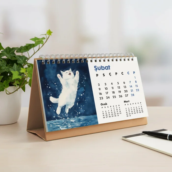 2026 Kedili Masa Takvimi | Üç Aylık Takvim - Önceki Ay Sonraki Ay | Kedi Severlere Hediye