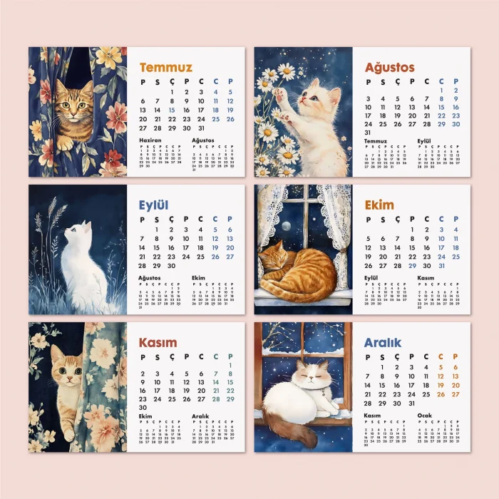 2026 Kedili Masa Takvimi | Üç Aylık Takvim - Önceki Ay Sonraki Ay | Kedi Severlere Hediye
