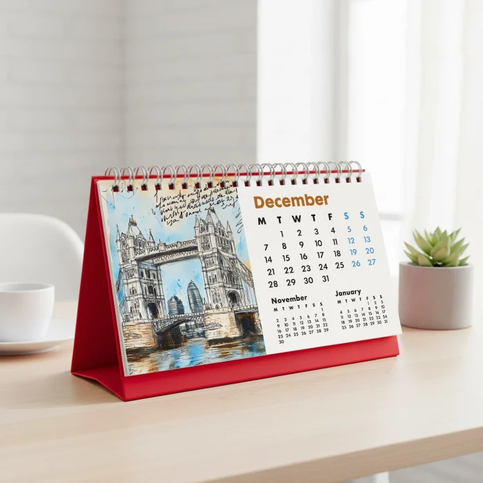 2026 Londra Masa Takvimi - Önceki ve Sonraki Ay Görünümlü Renkli İllüstrasyon Takvim | Big Ben, London Eye, Tower Bridge, River Thames Temalı