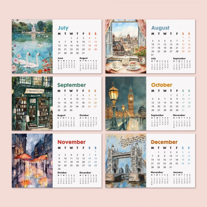 2026 Londra Masa Takvimi - Önceki ve Sonraki Ay Görünümlü Renkli İllüstrasyon Takvim | Big Ben, London Eye, Tower Bridge, River Thames Temalı