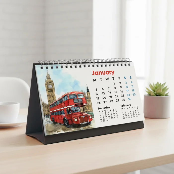 2026 Londra Masa Takvimi - Önceki ve Sonraki Ay Görünümlü Renkli İllüstrasyon Takvim | Big Ben, London Eye, Tower Bridge, River Thames Temalı