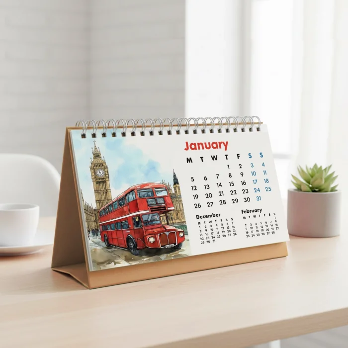 2026 Londra Masa Takvimi - Önceki ve Sonraki Ay Görünümlü Renkli İllüstrasyon Takvim | Big Ben, London Eye, Tower Bridge, River Thames Temalı
