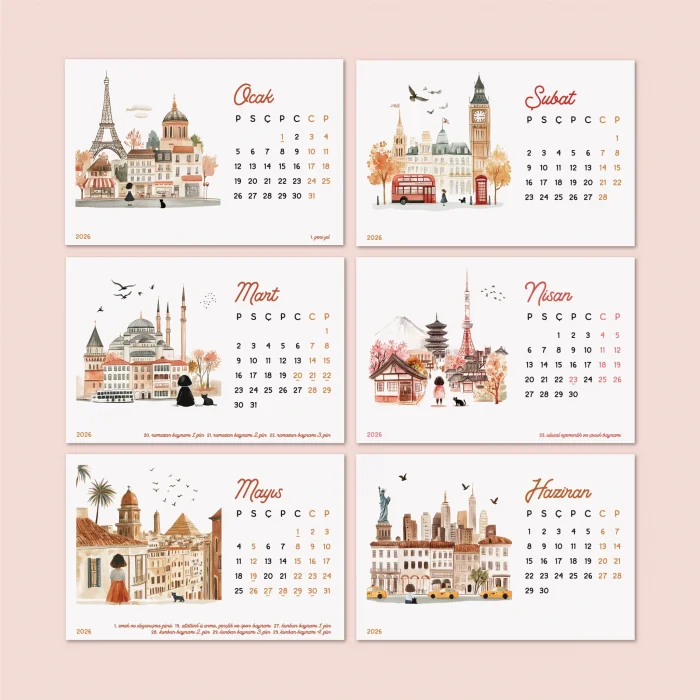 2026 Masa Takvimi - Dünya Şehirleri & Ünlü İkonik Simge Yapıları | Paris, Londra, İstanbul, New York, Marrakech, Tokyo, Floransa, Santorini, Amsterdam