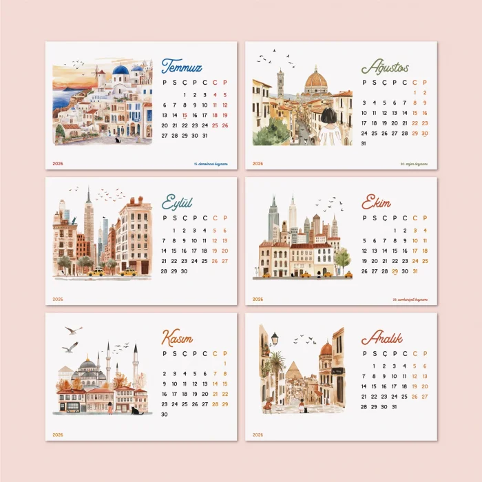 2026 Masa Takvimi - Dünya Şehirleri & Ünlü İkonik Simge Yapıları | Paris, Londra, İstanbul, New York, Marrakech, Tokyo, Floransa, Santorini, Amsterdam