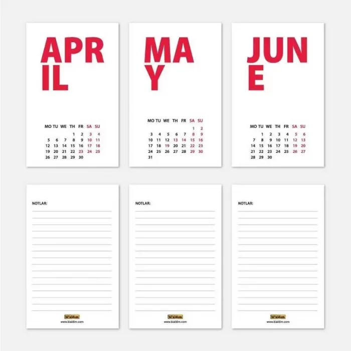 2026 Masa Takvimi İngilizce - Kırmızı