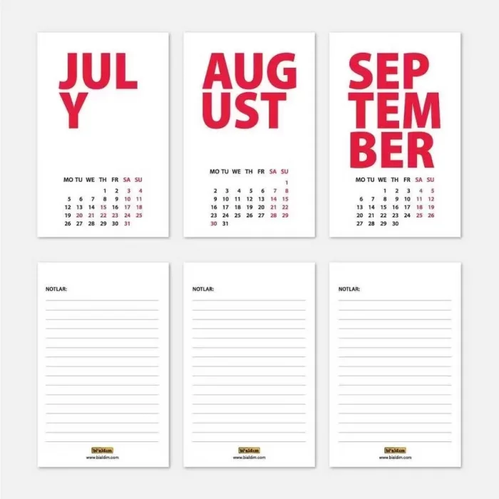 2026 Masa Takvimi İngilizce - Kırmızı