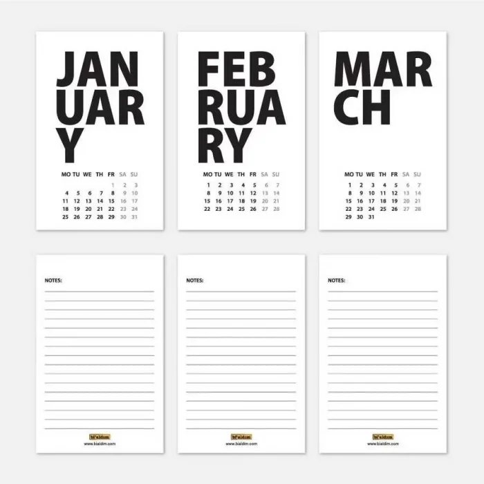 2026 Masa Takvimi İngilizce - Siyah Beyaz