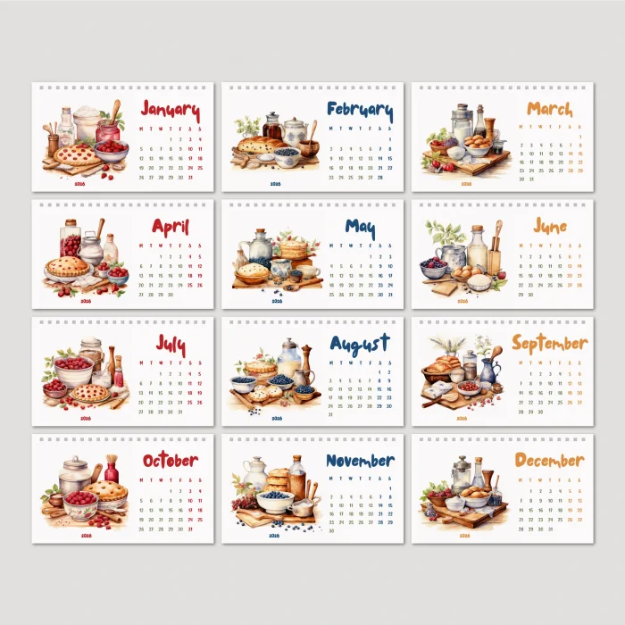 2026 Masa Takvimi, Vintage Fırın ve Mutfak Sanatları Takvimi, 2026 Desk Calendar, Vintage Baking Calendar 2026