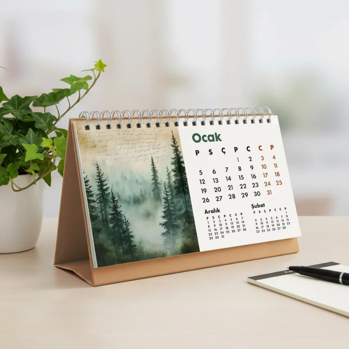 2026 Orman Masa Takvimi | Üç Aylık Takvim - Önceki Ay Sonraki Ay | Doğa ve Ağaç İllüstrasyonları | Minimal Ofis ve Ev Dekoru