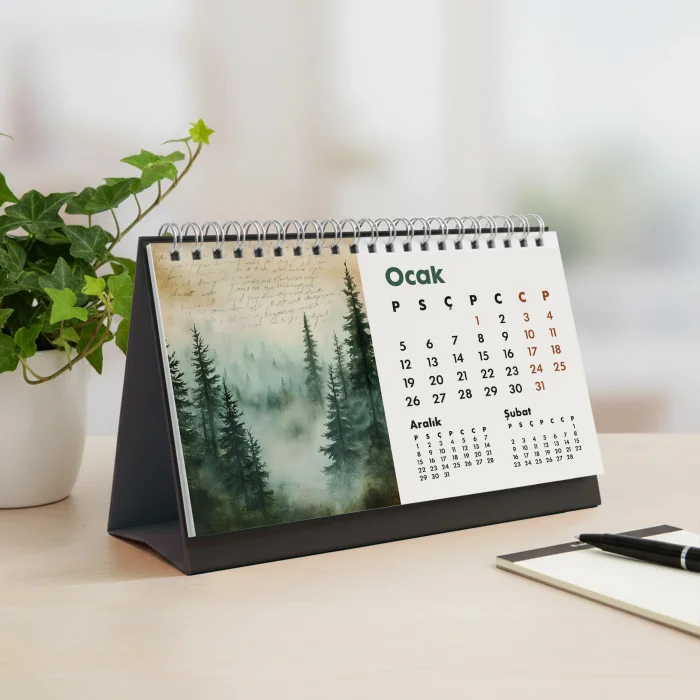2026 Orman Masa Takvimi | Üç Aylık Takvim - Önceki Ay Sonraki Ay | Doğa ve Ağaç İllüstrasyonları | Minimal Ofis ve Ev Dekoru