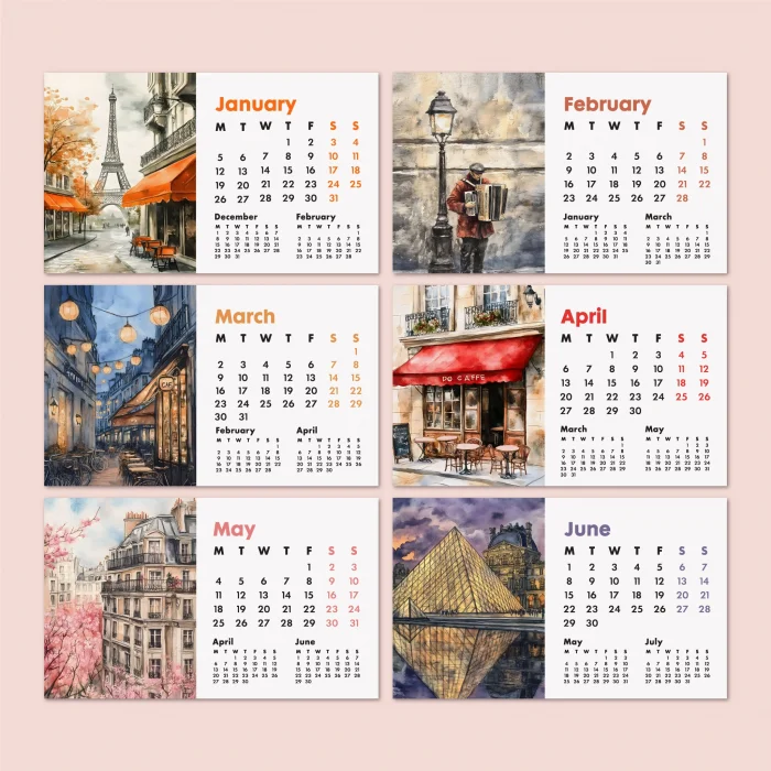 2026 Paris Masa Takvimi - Önceki ve Sonraki Ay Görünümlü Vintage Paris İllüstrasyonlu Takvim | Eyfel Kulesi, Louvre, Seine River, Montmartre Temalı