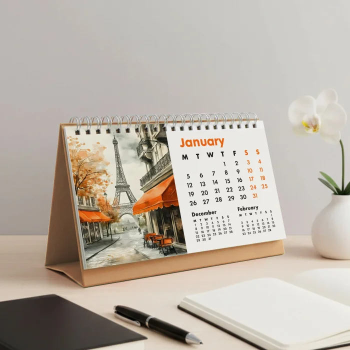 2026 Paris Masa Takvimi - Önceki ve Sonraki Ay Görünümlü Vintage Paris İllüstrasyonlu Takvim | Eyfel Kulesi, Louvre, Seine River, Montmartre Temalı