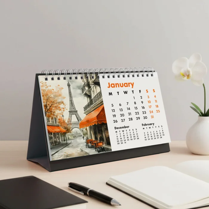 2026 Paris Masa Takvimi - Önceki ve Sonraki Ay Görünümlü Vintage Paris İllüstrasyonlu Takvim | Eyfel Kulesi, Louvre, Seine River, Montmartre Temalı