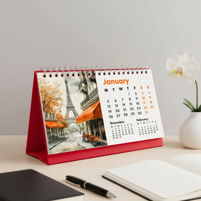 2026 Paris Masa Takvimi - Önceki ve Sonraki Ay Görünümlü Vintage Paris İllüstrasyonlu Takvim | Eyfel Kulesi, Louvre, Seine River, Montmartre Temalı