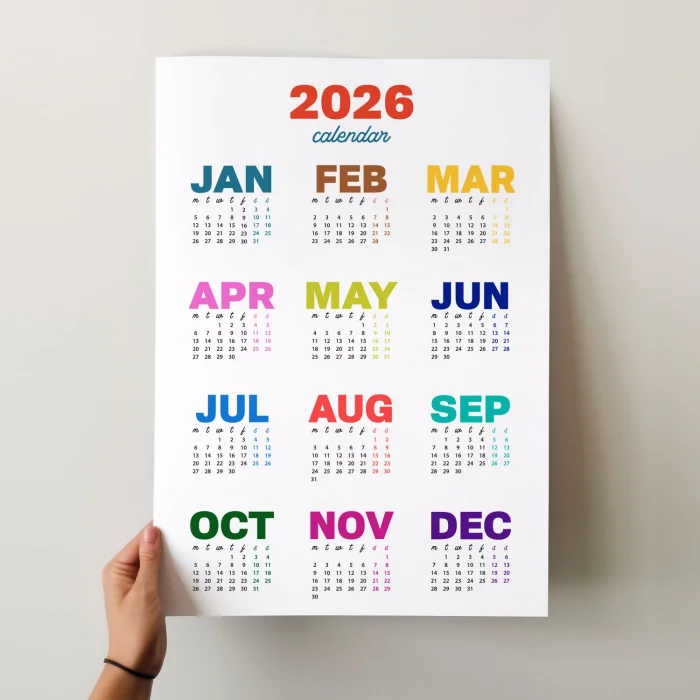 2026 Rengarenk Duvar Takvimi – Canlı Renkli Modern Yıllık Takvim