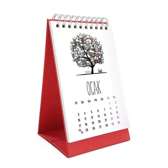 2026 Takvim Dört Mevsim Ağaç 2026 Masa Takvimi Kırmızı