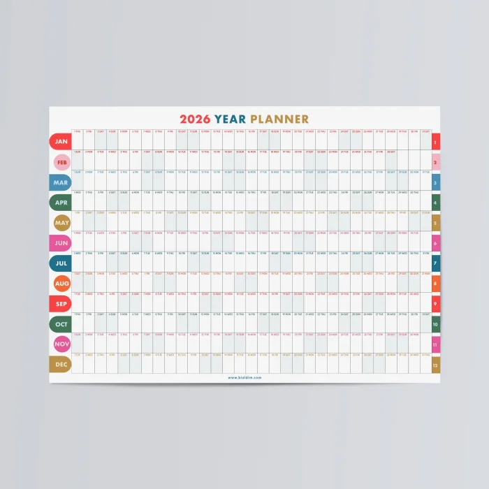 2026 yıllık planlayıcı duvar takvimi, 2026 duvar takvimi, Canlı parlak renkli, Minimalist Duvar Takvimi