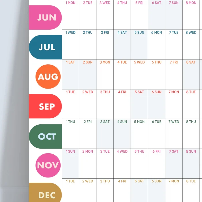 2026 yıllık planlayıcı duvar takvimi, 2026 duvar takvimi, Canlı parlak renkli, Minimalist Duvar Takvimi