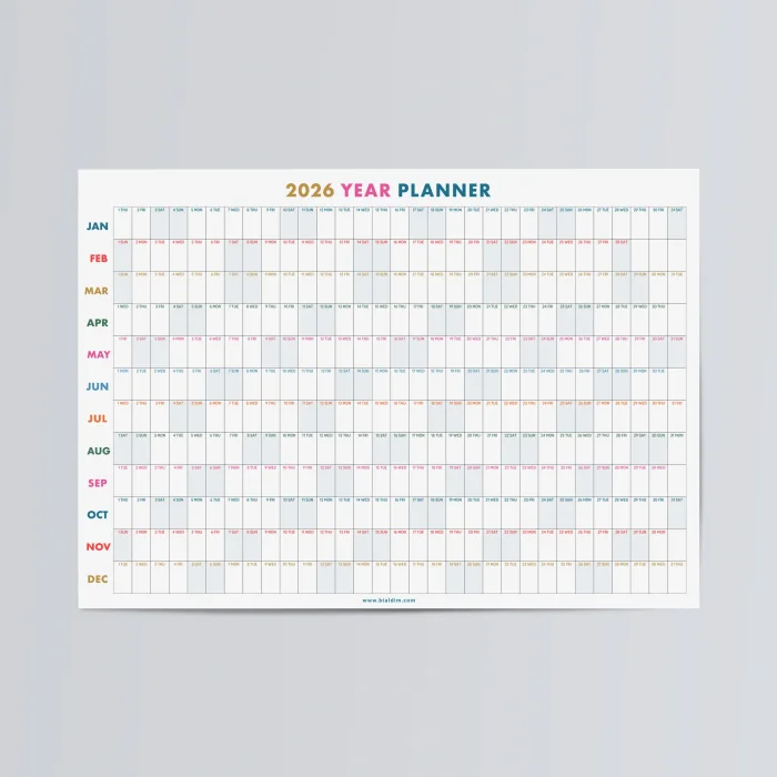 2026 Yıllık Planlayıcı Duvar Takvimi, 2026 Yıllık Duvar Takvimi, Rengarenk Minimalist Tasarım