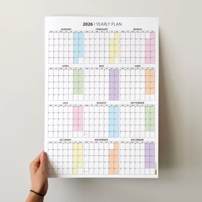 2026 Yıllık Planlayıcı Duvar Takvimi, Aylık Planlayıcı Takvim, Pastel Gökkuşağı Renkler