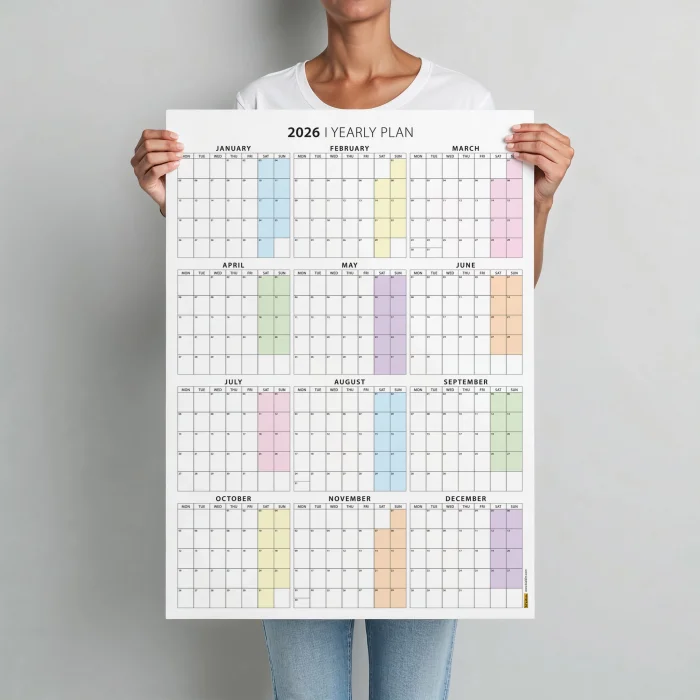 2026 Yıllık Planlayıcı Duvar Takvimi, Aylık Planlayıcı Takvim, Pastel Gökkuşağı Renkler