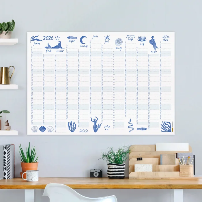 2026 Yıllık Planlayıcı Duvar Takvimi, Deniz Kızı ve Okyanus Sanatı, Kobalt Mavi Takvim, 2026 Duvar Takvimi