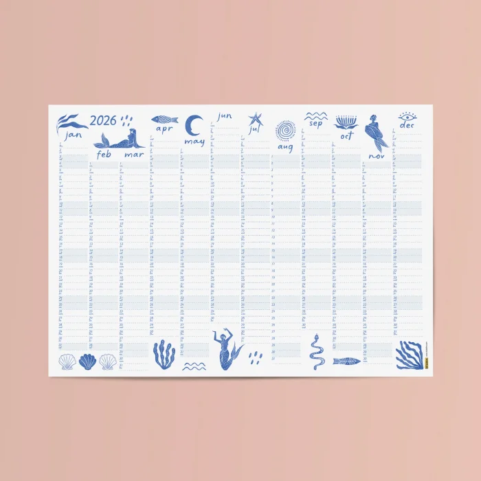 2026 Yıllık Planlayıcı Duvar Takvimi, Deniz Kızı ve Okyanus Sanatı, Kobalt Mavi Takvim, 2026 Duvar Takvimi