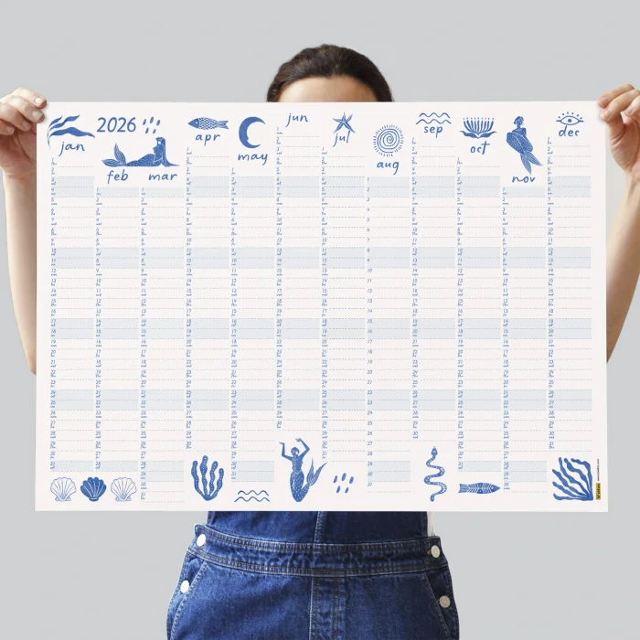2026 Yıllık Planlayıcı Duvar Takvimi, Deniz Kızı ve Okyanus Sanatı, Kobalt Mavi Takvim, 2026 Duvar Takvimi