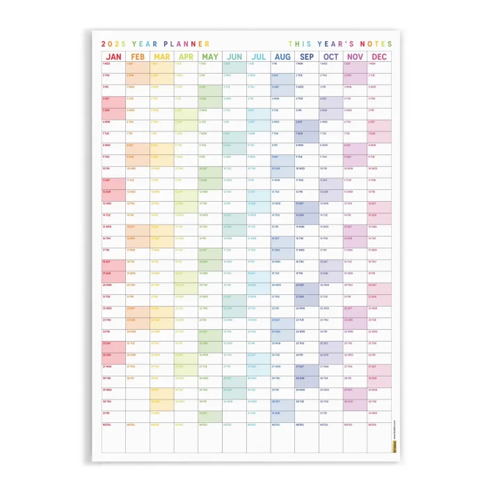 2026 Yıllık Planlayıcı Duvar Takvimi, Gökkuşağı Renkleri, Rainbow, Dikey