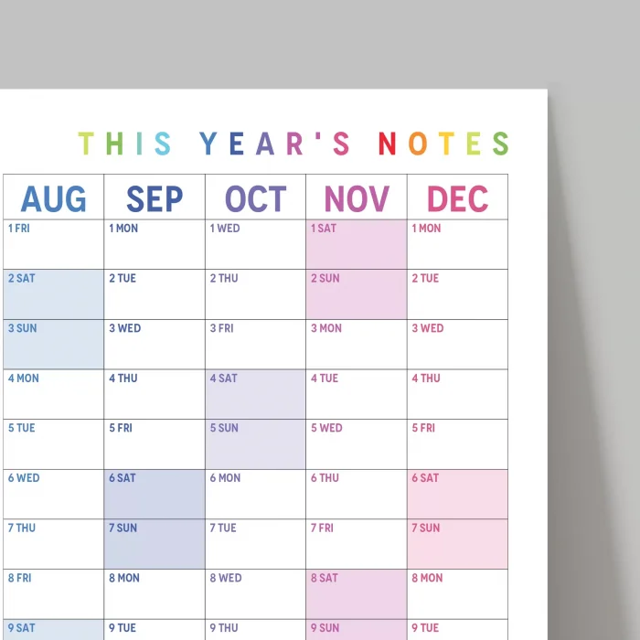 2026 Yıllık Planlayıcı Duvar Takvimi, Gökkuşağı Renkleri, Rainbow, Dikey