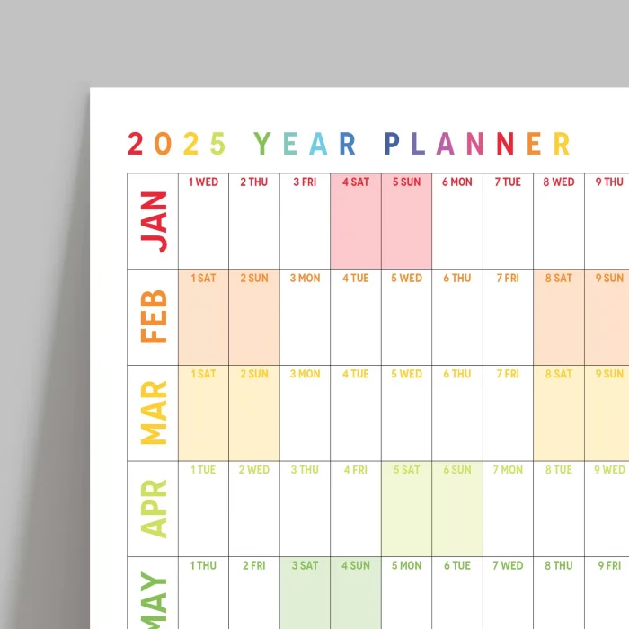 2026 Yıllık Planlayıcı Duvar Takvimi, Gökkuşağı Renkleri, Rainbow, Yatay